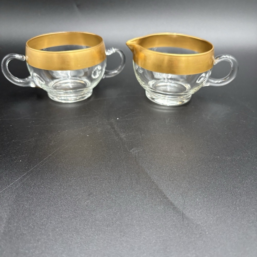 Vtg Dorothy Thorpe Glass Sugar‎ Creamer Set Gold Band 60s MCM Retro